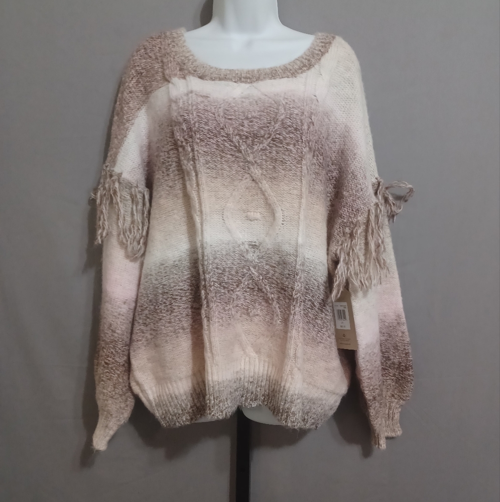 FRYE AND CO. Ombre Cream and Taupe Fringe Cable Knit Sweater